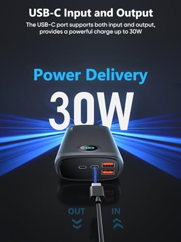 High-Capacity 40,000 m Ah Portable Power Bank with PD 30 W & QC 4.0 Fast Charging, Dual USB + Type-C Outputs, Built-in LED Flashlight & Real-Time Battery Display – Ultimate Travel Companion in Carbon Black for All Your Devices