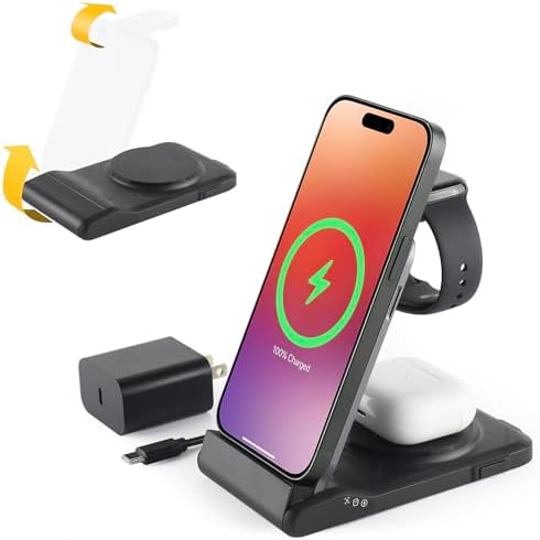Ultimate 3-in-1 Wireless Charging Station – Compact Travel Charger for i Phone 16/15/14/13/12/SE/11/X/8, Android Devices, Air Pods & Apple Watch – Fast Charge with Enhanced Compatibility, Foldable Design, Aluminum Alloy Build, USB-C Adapter Included – Perfect for Organized Desktops and On-the-Go Power Solutions