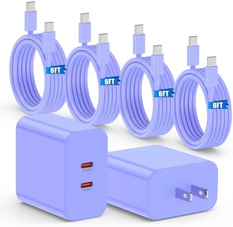 Ultra-Fast 40 W Dual-Port USB-C Charger with 4 Premium 6 FT Cables | Perfect for i Phone 16/15 Pro Max, i Pad Pro & Samsung S24 | Compact, Travel-Ready Design for Effortless Charging | Experience Rapid Power Delivery & Versatile Compatibility for All Devices