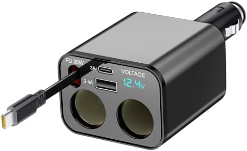 Ultimate 5-in-1 Retractable Car Charger – Fast Charging Dual-Socket Adapter with USB-A & USB-C Ports for i Phone 16/15, Galaxy, i Pad, GPS & Dash Cam – Tangle-Free Design for Multi-Device Power on the Go
