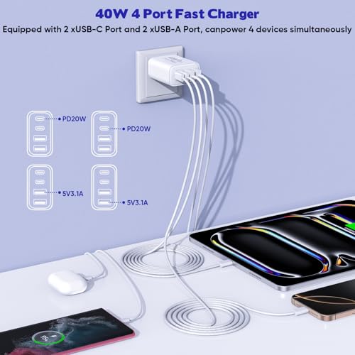 Ultimate 10 FT i Phone 16 & 15 Pro Charger Set – Dual Pack 40 W USB C Fast Charging Cables with 4-Port PD & AC Wall Adapter for Enhanced Compatibility and Convenience – Ideal for Home and Office Use