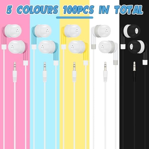 Kigeli Bulk 100 Pack Kids Earbud Headphones – Vibrant Multicolor Wired Earphones for Enhanced Classroom Learning and Group Activities – Disposable 3.5 mm In-Ear Design for Optimal Sound Isolation – Versatile Audio Solution for Schools, Libraries, and Personal Use – Lightweight, Portable, and Easy to Clean for Students and Adults