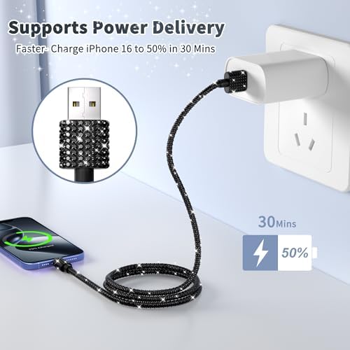Bling Sparkling Black Diamond USB to USB C Cable – 4 FT 60 W Fast Charging Charger for i Phone 16, 15 Plus, Pro Max & Samsung Galaxy S25, S24, S23 – Stylish Braided Design for Enhanced Durability and Compatibility – Luxury Tech Accessory for High-Performance Power Delivery
