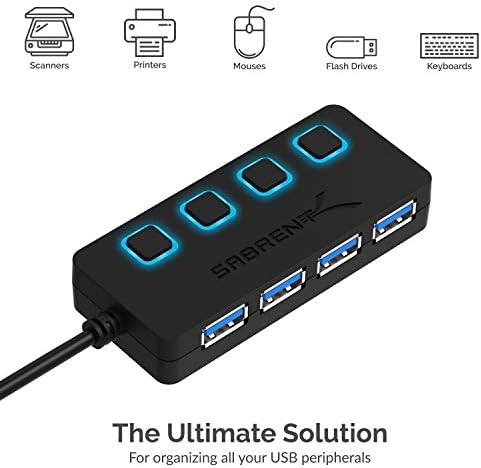 SABRENT 4-Port USB 3.0 Hub with Individual LED Power Switches – Ultra-Slim, Portable Design with 2 Ft Cable for Effortless Data Transfer – Compatible with Mac & PC, Perfect for Home and Office Use