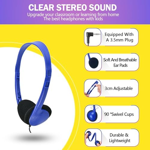 Classroom-Ready Wired Headphones – 25 Pack Durable On-Ear Audio Solution for Students, Comfortable Fit for Enhanced Learning, Ideal for Group Activities and Educational Use
