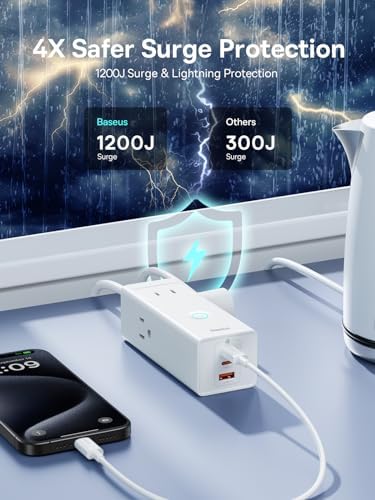 Baseus 1200 J Surge Protector Power Strip – PD 40 W USB-C Fast Charging Station with 3 AC Outlets & 3 USB Ports for Ultimate Device Compatibility in Home, Office, or Dorm Room – Safe, Efficient, and Compact Charging Solution