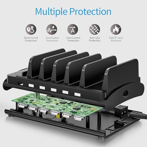 Bototek 60 W Multi-Device Charging Hub – 6-Port USB Fast Charger Dock for i Phones, i Pads, Smartphones & Tablets – Sleek Black Power Station with Advanced Safety Technology for Optimal Device Organization in Home & Office Spaces