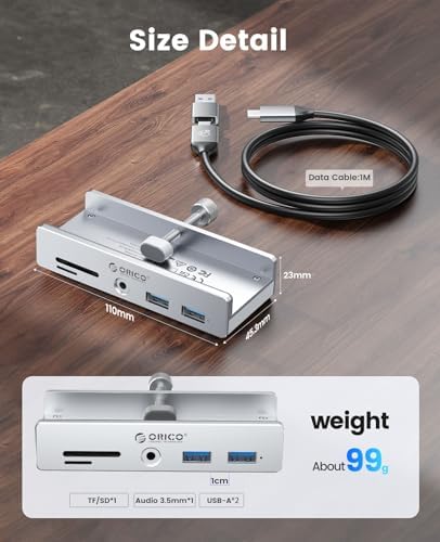 Upgrade Your Digital Experience with the ORICO USB Hub 3.0 – Stylish Aluminum Clamp Adapter Featuring Dual High-Speed USB-A Ports, 3.5 mm AUX for Superior Audio, and SD/TF Card Reader for Effortless Media Transfers, Ideal for Modern Desktops