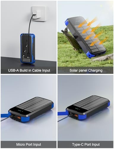 Ultimate 40000 m Ah Solar Power Bank – All-in-One Charging Solution with 20 W Fast Charge, Built-in 4 Cables, and Dual LED Flashlights for Outdoor Essentials – Waterproof, Durable Design for Universal Device Compatibility and Emergency Preparedness