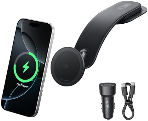 Anker Nano 15 W Qi2 Wireless Car Charger – 360° Adjustable Magnetic Charging Mount with Detachable Pad and Durable Alloy Bracket for i Phone 16/15/14/13/12 Series (Includes Adapter) – Effortless Fast Charging and Enhanced Stability for On-the-Go Power