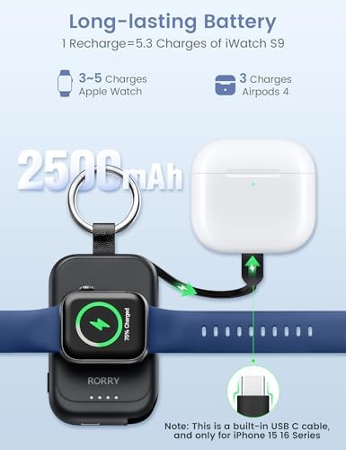 Compact RORRY 2500 m Ah Portable Charger for Apple Watch – Fast Charging Power Bank with Built-in USB-C Cable, Ideal Travel Companion for Series 10, 9, 8, 7, 6, 5, Ultra 2, and SE, Stylish Pink Design for On-the-Go Charging and Enhanced Device Compatibility