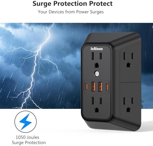 Advanced USB Wall Charger Power Strip Surge Protector with 4 USB Ports (2 USB-C) – Multi Outlet Adapter for Home, Office, and Travel, White (Black) – Unmatched Speed and Safety for Modern Devices