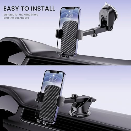 Qifutan Premium Anti-Shake Car Phone Holder with Long Arm Design – Universal Dashboard & Windshield Mount for All Smartphones, Enhanced Stability & Safety for Hands-Free Driving, Black