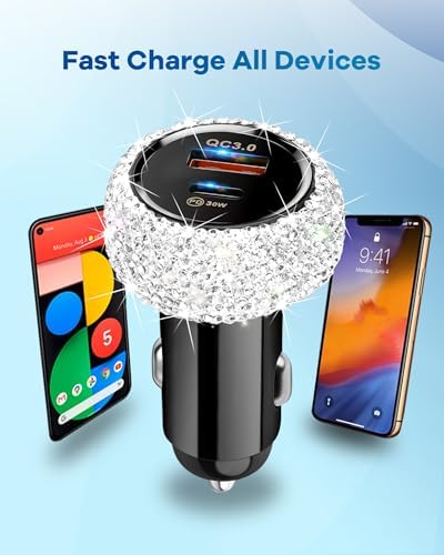 Stylish Pink Bling USB C Car Charger – 48 W Power Delivery & Quick Charge Dual-Port Adapter with 3.2 FT Type-C Cable for i Phone 16, 15 Pro Max, i Pad, Samsung Galaxy & Android Devices – Ultimate Fast Charging Solution for On-the-Go Convenience and Enhanced Compatibility