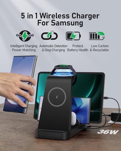 Ultimate 5-in-1 Wireless Charging Station for Samsung Devices – Fast Multi-Device Charger for Galaxy S25, S24, S23, S22, S20, Note Series, Z Fold 6, Galaxy Watch 7, 6, 5 & Buds – Sleek White Design for Home & Office with Enhanced Safety Features and Portability