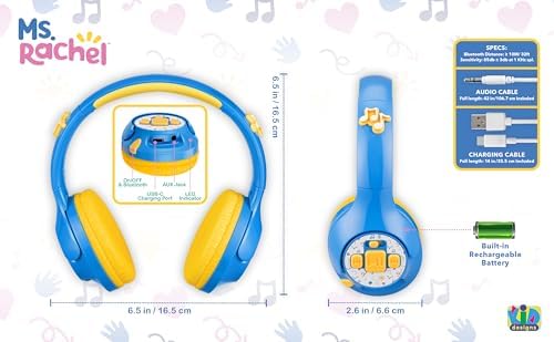 Ms. Rachel’s Kids Bluetooth Headphones – Fun and Safe Toddler Headset with Built-in Music for Instant Entertainment – USB-C Rechargeable Design for Quick Power-Ups and Volume Limiting Feature for Ear Safety