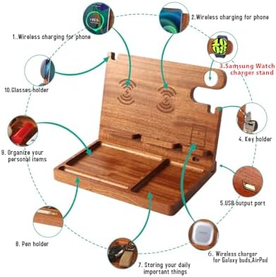 Premium Wood Desk Organizer with 4-in-1 Wireless Charging Station for Samsung Devices – 27 W Fast Charger for Dual Phones, Galaxy Watch Series, and TWS Accessories – Perfect Gift for Men and Dads Seeking Elegance and Efficiency