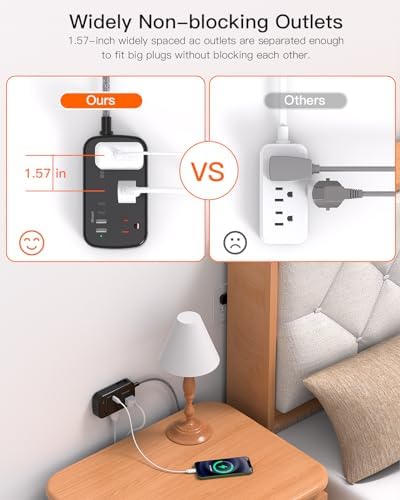 BESHON 5 FT Flat Plug Power Strip with 6 Outlets and 4 USB Ports – Ideal Travel Companion for Dorm Rooms and Cruise Ships, Space-Saving Design for Enhanced Accessibility and Fast Charging