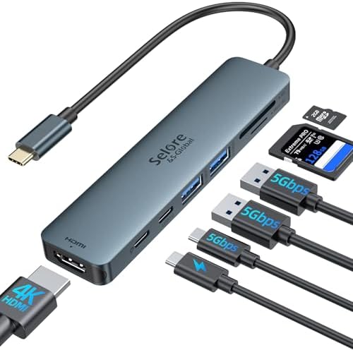 Ultimate 7-in-1 USB C Hub HDMI Adapter for Mac Book Pro & Air – High-Speed 4 K HDMI, Dual USB 3.0, SD/TF Card Reader, and 100 W Power Delivery – Compact and Durable Dongle for Seamless Connectivity with Dell XPS & Lenovo Think Pad