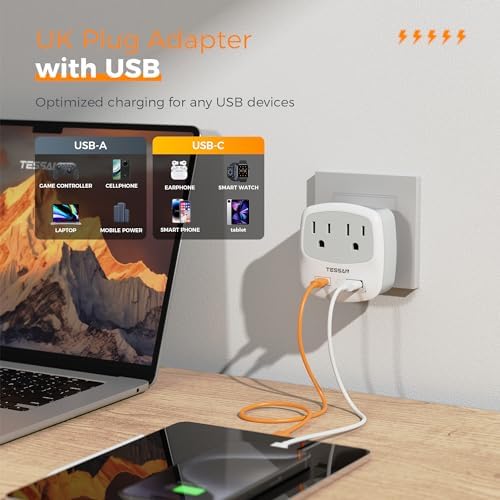 Ultimate TESSAN Type G UK Travel Plug Adapter with Dual USB Fast Charger Ports – Compact US to UK Power Converter for Effortless Global Connectivity in Scotland, London, Ireland, Kenya, Dubai & Qatar
