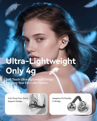 Ultimate Comfort Open Ear Bluetooth 5.4 Earbuds with IPX7 Waterproof Rating – 60 Hours of Playback with LED Power Display – Clip-On Wireless Headphones for Active Lifestyles, Ideal for Commuting and Outdoor Adventures, Enhanced Sound Quality and Durability