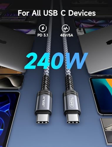 JSAUX 10 FT 240 W USB C to USB C Charging Cable – Premium Nylon Braided Fast Charger for Mac Book Pro, i Phone 16/16 Pro Max, Samsung Galaxy, Pixel – Enhanced Durability and Data Transfer Speeds – Ultimate Compatibility for Modern Devices