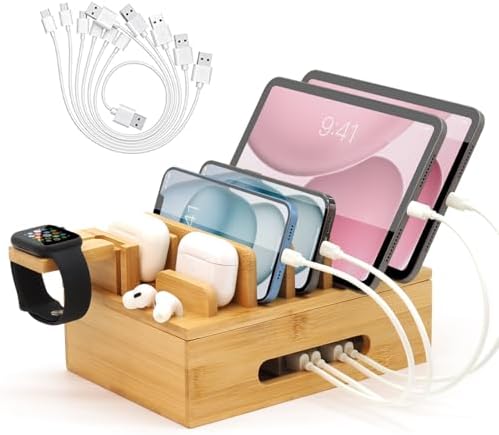 Eco-Friendly Bamboo Charging Station: Multi-Device Organizer Dock for Phones, Tablets, Smartwatches & Earbuds – Includes 6 Cables for Enhanced Compatibility & Fast Charging – Stylish Desk Accessory for Tidy Workspaces