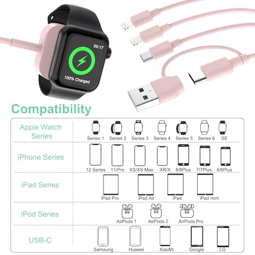 Ultimate 6-in-1 Travel USB C Charging Cable for Apple Devices – Fast Charge i Watch, i Phone, and i Pad with Versatile 3 M Type C & USB A Adapter Combo for Series 8, 7, 6, 5, 4, 3, 2, SE – Lightweight, Durable, and Perfect for On-the-Go Charging
