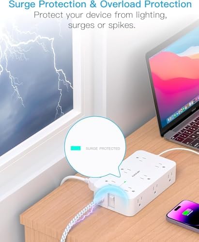 HANYCONY 12-Outlet Power Strip Surge Protector with 4 USB Ports (2 USB-C) – 6 ft Flat Extension Cord with 1800 J Surge Protection, Wall-Mountable Charging Station for Home, Office, and Dorm Room – Ultimate Device Connectivity and Fast Charging Solutions