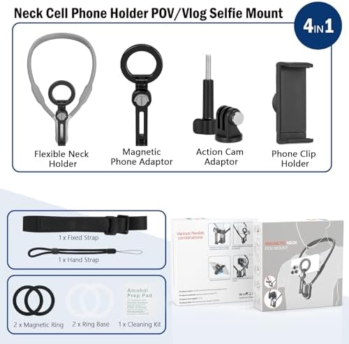 Magnetic Neck Phone Holder – 4-in-1 Hands-Free Mount for i Phone, Android, and Go Pro – Enhanced POV & Vlog Recording Accessory with Adjustable Comfort Neckband – Lightweight & Travel-Friendly Design for Effortless Content Creation – Ideal for Adventurers and Creators
