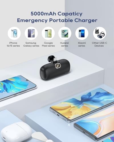 Kuulaa 5000 m Ah USB-C Power Bank with Built-in Plug – PD20 W Fast Charging Battery Pack for i Phone 15/16, Samsung S22/S23 & Android Devices – Compact Design with LCD Display for On-the-Go Convenience and Enhanced Compatibility