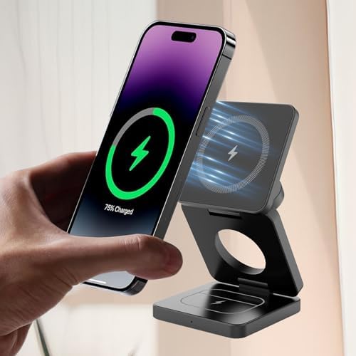 Revolutionary 3-in-1 Foldable Wireless Charging Station for Apple Devices – Ultimate i Phone 15, 14 Pro Max, 13, 12, Apple Watch 9-3, and Air Pods Pro Compatibility in a Compact Design (Black) – Streamlined Charging Efficiency and Portability for Tech Enthusiasts