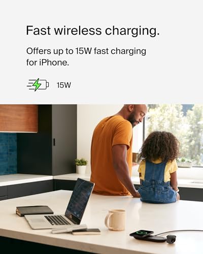Belkin 15 W Mag Safe-Compatible 2-in-1 Wireless Charging Station – Fast Dual Device Charger for i Phone 16, 15, 14, 13 Series & Air Pods – Sleek Sand Design for Effortless Portability and Seamless Power Solutions