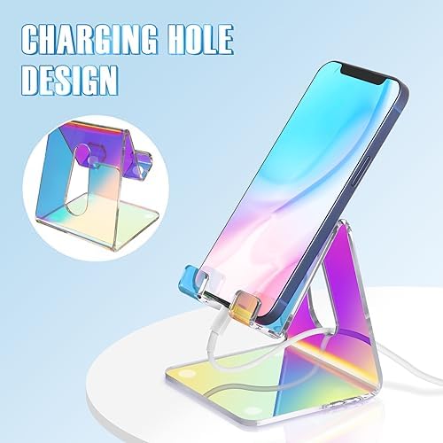 Tomorotec Adjustable Angle Acrylic Cell Phone Stand for Desk, Foldable Acrylic Phone Holder Cute for Office, Portable Non-Slip Desktop Smartphone Holder, Fit for iPhone Samsung Galaxy (Iridescent) – Enhanced Compatibility and Speed
