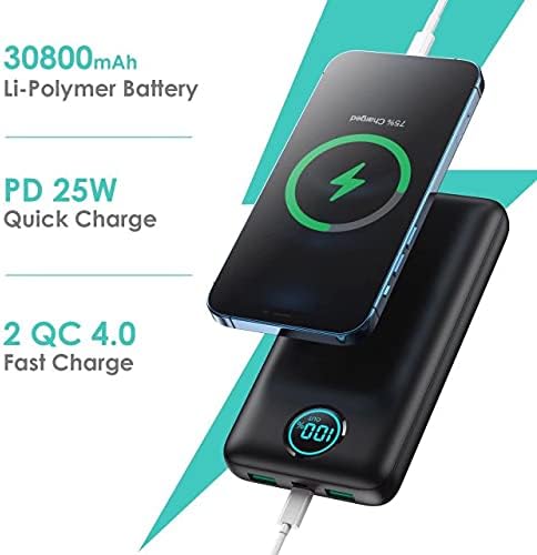 High-Capacity 30,800 m Ah Portable Charger Power Bank with LCD Display – 25 W PD Fast Charging & QC 4.0 for Quick Device Power-Up – Tri-Output Battery Pack for Universal Compatibility with i Phone & Android – Sleek Black Design for On-the-Go Charging