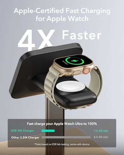 Ultimate ESR 2-in-1 Mag Safe Charging Station for Apple Devices – Fast Wireless Charger Stand for i Phone 16/15/14/13/12, Apple Watch, & Air Pods – Sleek Black Design for Dual Device Convenience and Enhanced Speed