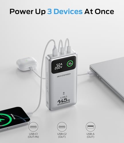 MOVE SPEED 145 W High-Capacity Laptop Power Bank – 25,000 m Ah Portable Charger with PD 3.1, 240 W Type-C Cable & Smart Display for Optimal Device Compatibility – FAA-Approved, Ultra-Fast Charging Solution for i Phone, Mac Book, Galaxy & More – Essential Travel Companion with 36-Month Warranty This powerful portable power bank meets stringent FAA and TSA regulations, ensuring safe travel for frequent flyers. With a massive 25,000 m Ah capacity, it delivers multiple charges for your essential devices, including 4 full charges for i Phone 16 and 3 for Galaxy S24. Experience ultra-fast charging with a single 140 W USB-C output that charges a 16-inch Mac Book Pro to 56% in just 30 minutes. The included 240 W-rated Type-C cable guarantees maximum efficiency, while the intelligent display provides real-time insights into battery percentage and charging status. Featuring a dynamic triple-port design, this charger ensures simultaneous charging for two devices, making it the ultimate solution for your on-the-go lifestyle. Benefit from a comprehensive 36-month protection plan for peace of mind with your purchase.