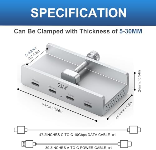 Transform Your Workspace with the EJAY Ultra-Fast 10 Gbps USB C Hub – Premium Aluminum Docking Station Featuring 4 USB 3.2 Ports, Innovative Desk Clamp Design, Additional Power Supply Port, and Extra Long Data/Power Cables for Superior Device Connectivity and Productivity Enhancement
