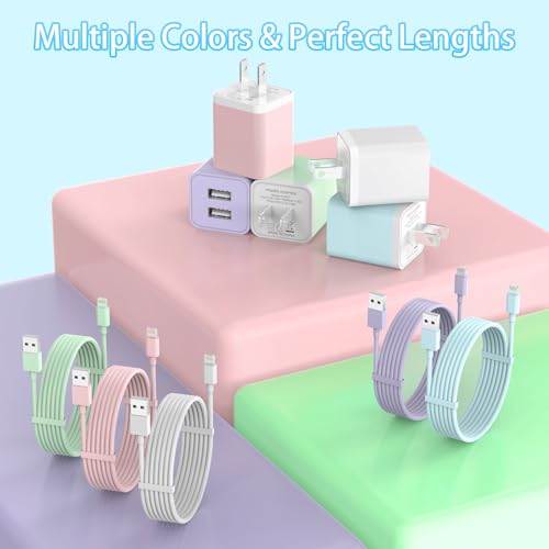 i GENJUN 5-Pack i Phone Charger Set – Dual Port USB Wall Adapter with 6 FT Lightning Cables for Fast Charging & Data Sync – Compatible with i Phone 14, 13, 12, 11 Pro Max, XR, XS Plus – Sleek Beige Design for Modern Convenience