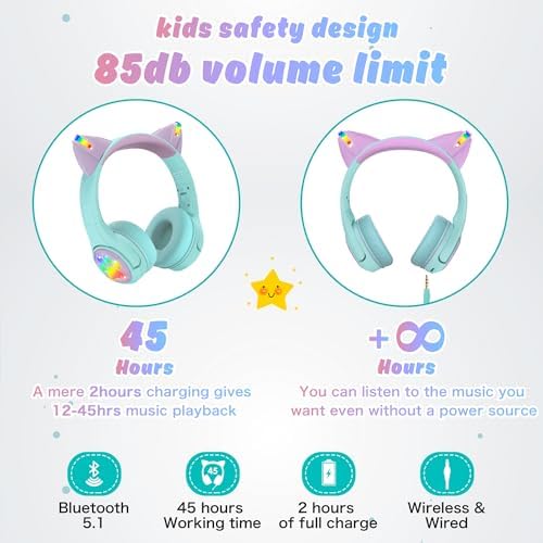 Riwbox CF9 Cat Ear Bluetooth Headphones for Kids – Safe 85 d B Volume Limit, Fun LED Light-Up Design, Dual Microphones for Clear Calls, Perfect for Tablets, Schools, Air Travel & Remote Learning, Lightweight Comfort in Trendy Purple
