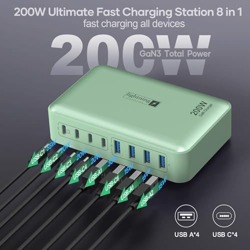 Transform Your Charging Routine with the 200 W 8-Port Fast Charging Hub – Multi-Device USB Station Featuring 65 W Laptop Adapter, Space-Saving Flat Plug, Durable Braided Cable, and User-Friendly On/Off Power Control for Optimal Performance and Safety