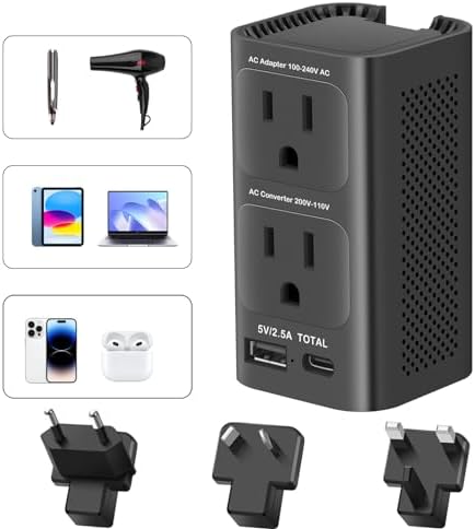 Compact Universal Voltage Converter 220 V to 110 V – Dual USB A & C Ports Travel Adapter for Effortless US to Europe Device Charging – Essential Power Solution for Global Travelers