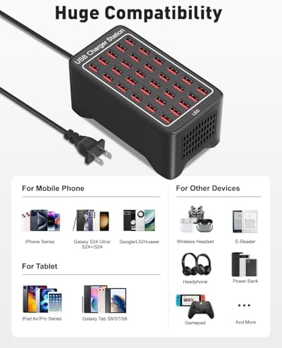 High-Speed 30-Port USB Charging Station – 150 W/30 A Multi-Device Rapid Charger with Smart Detect Technology for Efficient Charging of Smartphones, Tablets, and More – Ideal Travel and Desktop Solution for Busy Professionals and Families