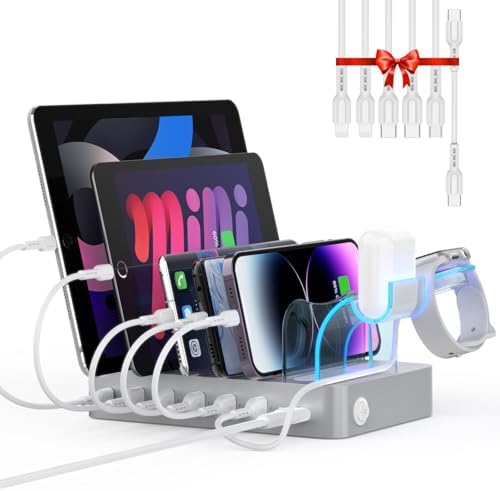 Soo Pii 60 W 6-Port USB-C Charging Station with 20 W Fast Charge – Multi-Device Power Hub for i Phone 14/13/12, Includes 6 Short Cables & 2-in-1 Holder for Organized Charging – Perfect for Home, Office & Travel