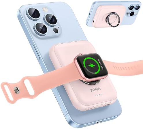 RORRY Mag Safe Portable Charger for i Phone & Apple Watch | Dual Fast Charging Wireless Power Bank | 5000 m Ah Capacity with Finger Ring | Stylish Pink Magnetic Battery Pack for On-the-Go Convenience | Enhanced Compatibility & Sleek Design