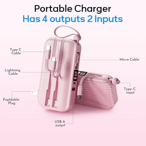 Compact 27 W Fast Charging Power Bank with Built-in Cables – 10,000 m Ah Portable Charger for i Phone & Android – Effortless Multi-Device Charging with 4 Outputs & 2 Inputs – Essential Travel Battery Pack for i Phone 16/15/14 and Newer – Durable Design for On-the-Go Energy Solutions