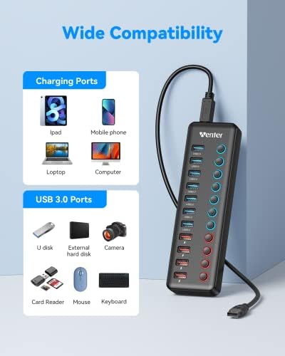 Maximize Your Connectivity with the Wenter 11-Port Powered USB 3.0 Hub – Fast Data Transfer & Smart Charging for Mac and PC Users, Featuring Individual LED Control and Reliable Power Adapter for Enhanced Versatility