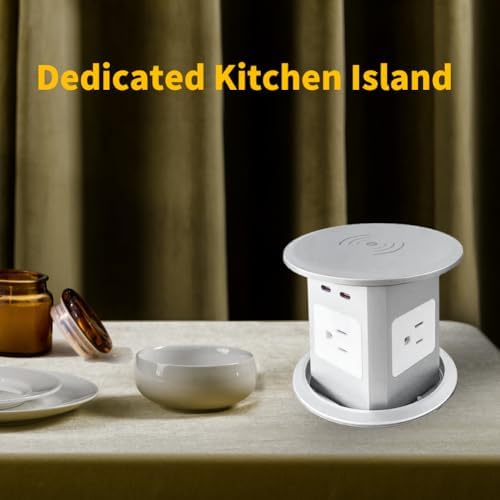 ZESHAN Sleek Pop-Up Power Outlet with 15 W Wireless Charging Station – Dual US Outlets, USB A & USB C PD Fast Charging Ports for Effortless Connectivity at Home or Office – Ideal for Conference Tables and Kitchen Counters, Modern Black Finish