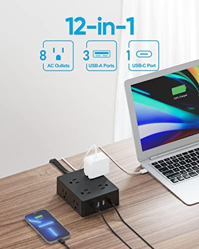 Olcorife 10 ft Surge Protector Power Strip with Ultra Thin Flat Plug – 8 Outlets & 4 USB Charging Ports (Including 1 USB-C) – Ideal for College Dorms & Home Use – Enhance Charging Speed & Space Efficiency – Black Power Management Solution for All Your Devices