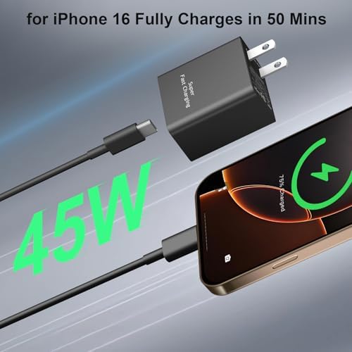 Experience Unmatched Charging Power with the 45 W USB-C Fast Charger & 10 FT Cable – Perfect for i Phone 16/15 and Samsung Galaxy Devices, Offering Superior Durability and Universal Compatibility for All Your Charging Needs.